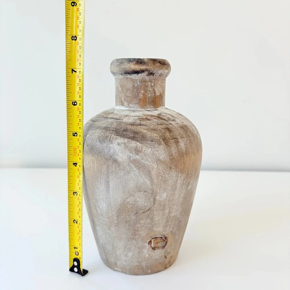 Vintage Hand Carved Whitewash Wooden Vase Rustic Farmhouse Decorative Vessel 7in
